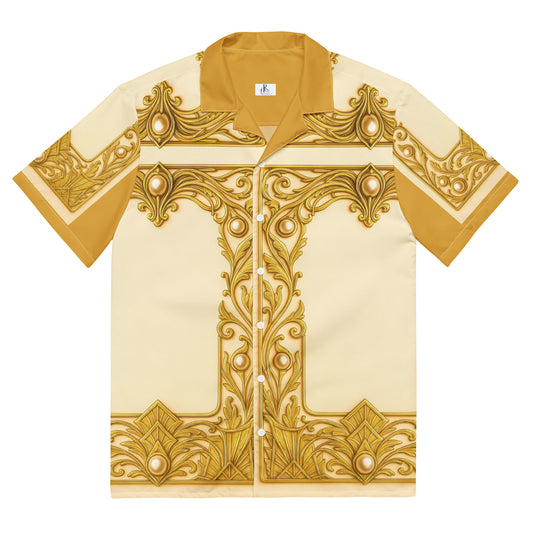 A short-sleeve camp collar button-up shirt in cream and gold, featuring ornate baroque-style scrollwork and pearl-like embellishments on the front, collar, and cuffs.