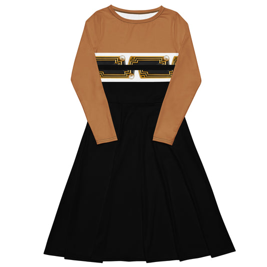 A flat front view of a black dress with brown long-sleeve top featuring geometric patterns on a white background