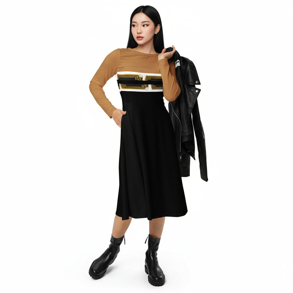 An Asian model  in short heel boots wearing ARTEMI ARTELIA original designs — an A-line long sleeve jersey midi dress featuring Egyptian Revival Art Deco Pharaoh motifs.