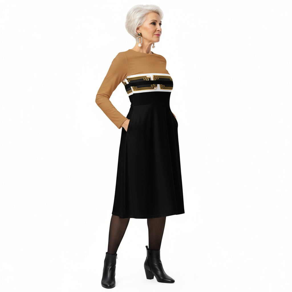 A silver-haired senior model  in short heel boots wearing ARTEMI ARTELIA original designs — an A-line long sleeve midi dress featuring Egyptian Revival Art Deco Pharaoh motifs.