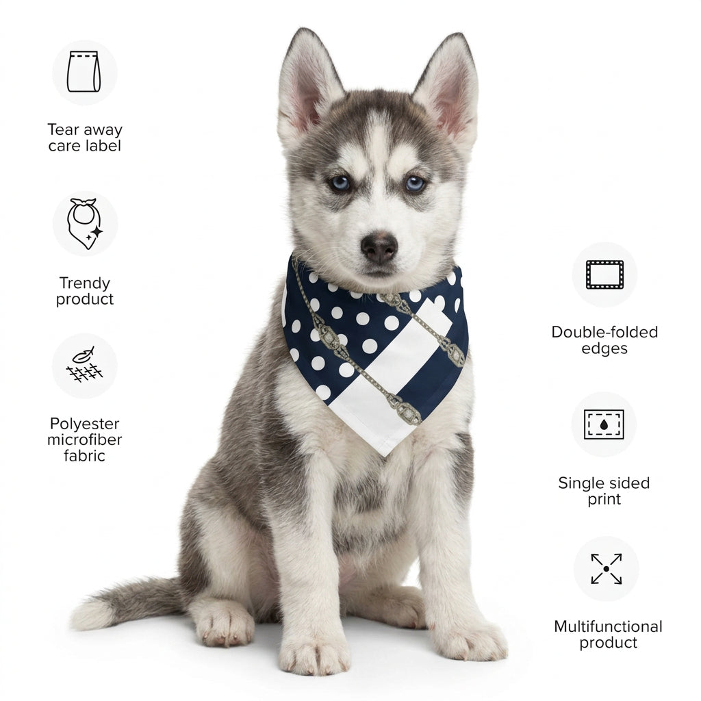 Navy and white polka dot print bandana-with jewel chain motif pattern. front view of Husky puppy wearing ARTEMI ARTELIA's artistic scarf