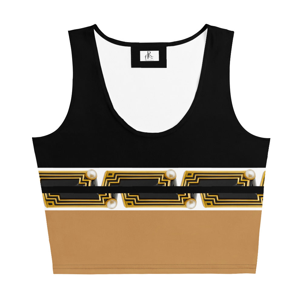 A flat front view of Black and gold color block crop top featuring geometric patterns — an original design by ARTEMI ARTELIA on a white background