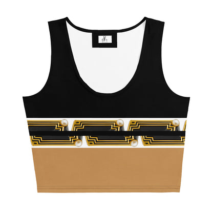 A flat front view of Black and gold color block crop top featuring geometric patterns — an original design by ARTEMI ARTELIA on a white background
