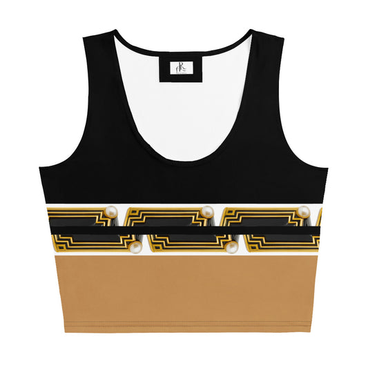 A flat front view of Black and gold color block crop top featuring geometric patterns — an original design by ARTEMI ARTELIA on a white background