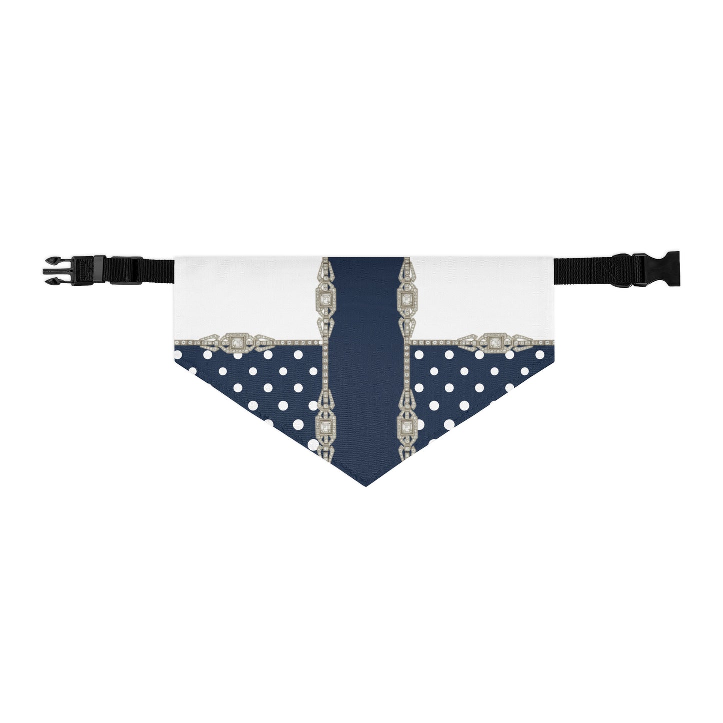 Dog bandana with navy blue, white polka dots and silver jewel pattern on a white background 