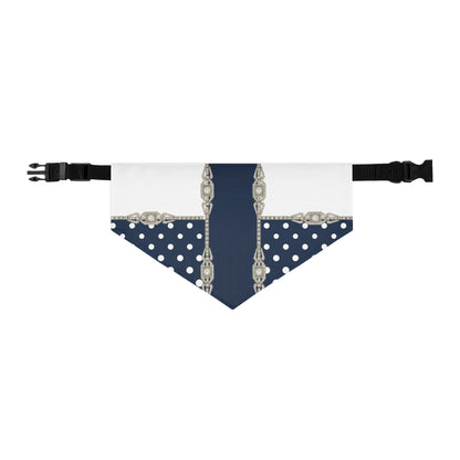 Dog bandana with navy blue, white polka dots and silver jewel pattern on a white background 
