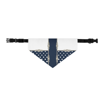 Front flat view of a M size pet bandana collar with navy blue, white polka dots and silver jewel pattern on a white background 