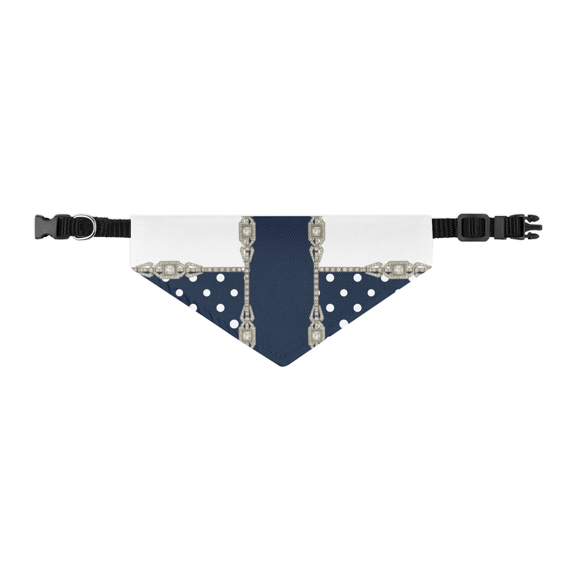 Front flat view of a S size pet bandana collar with navy blue, white polka dots and silver rhinestone pattern on a white background 