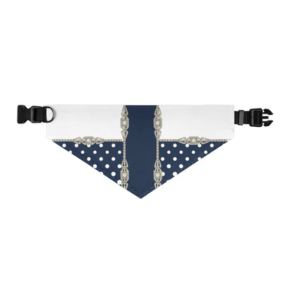 Front flat view of a XL size pet bandana collar with navy blue, white polka dots and silver jewel pattern on a white background 