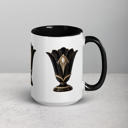 Side view of glossy white ceramic mug with black rim/handle and art deco swan